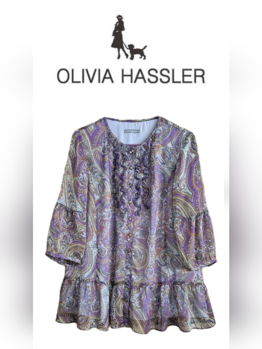 Olivia Hassler Purple Paisley Ruffle Front Blouse